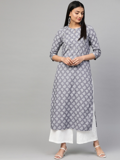 

Sringam Women Grey & White Floral Printed Straight Kurta