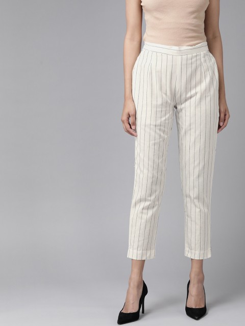 

Juniper Women Off-White & Black Classic Slim Fit Striped Regular Trousers