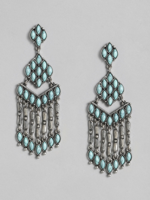

Anouk Silver-Toned & Turquoise Blue Oxidised Drop Earrings
