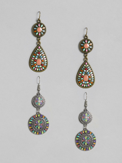 

Anouk Set of 2 Multicoloured Oxidised Silver-Toned & Antique Gold-Toned Drop Earrings, Multi
