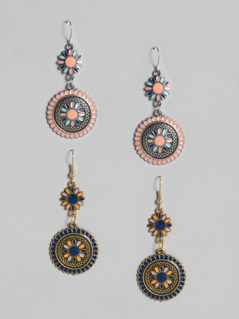 

Anouk Set of 2 Multicoloured Oxidised Silver-Toned & Antique Gold-Toned Drop Earrings