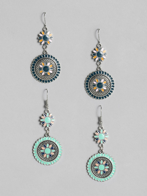 

Anouk Set of 2 Silver-Toned Oxidised Multicoloured Enamel Ethnic Style Drop Earrings