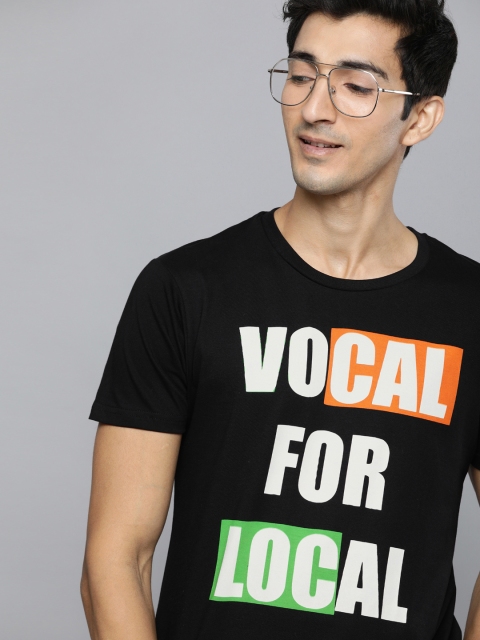 

HERENOW Men Black Printed Round Neck Pure Cotton T-shirt