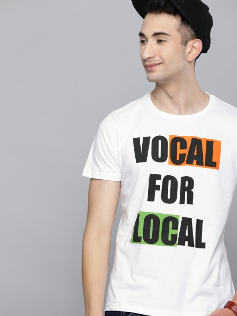 

HERENOW Men White Printed Round Neck Pure Cotton T-shirt