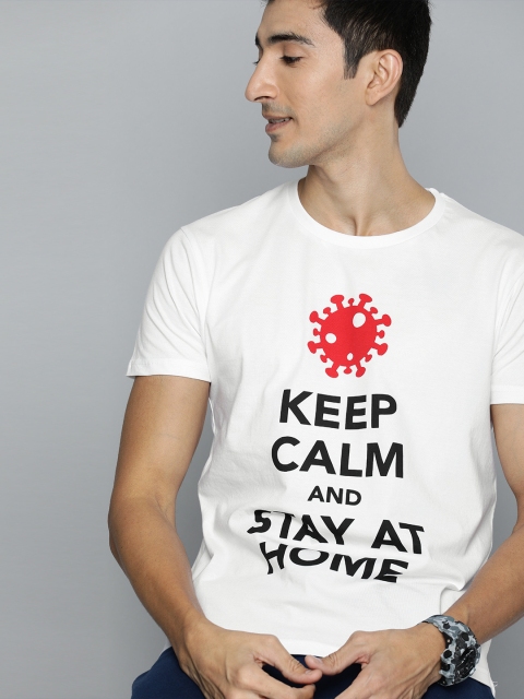 

HERENOW Men White Printed Round Neck Pure Cotton T-shirt