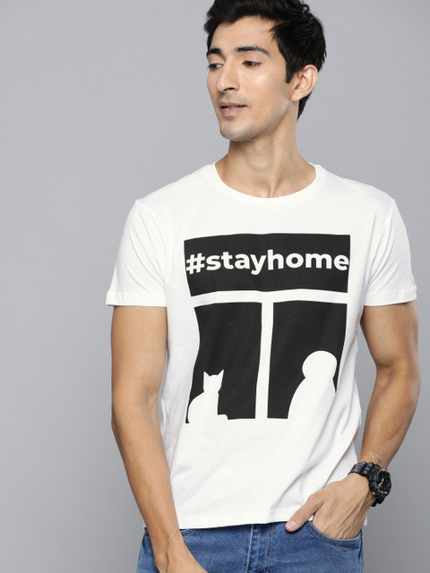 

HERENOW Men White Printed Round Neck Pure Cotton T-shirt