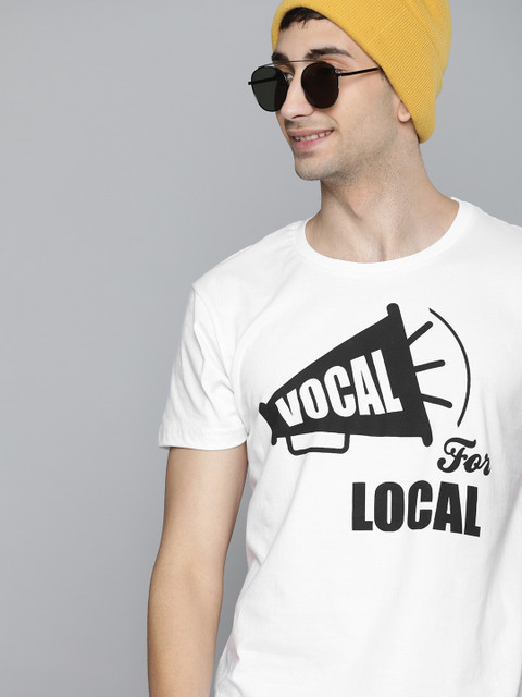 

HERENOW Men White Printed Round Neck Pure Cotton T-shirt