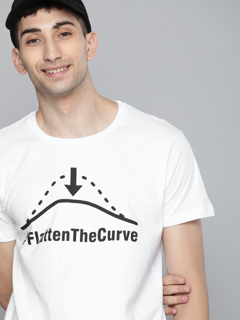 

HERENOW Men White Printed Round Neck Pure Cotton T-shirt