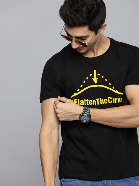 

HERENOW Men Black Printed Round Neck Pure Cotton T-shirt