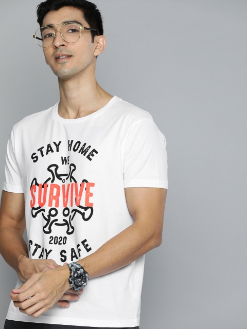 

HERE&NOW Men White Printed Round Neck T-shirt