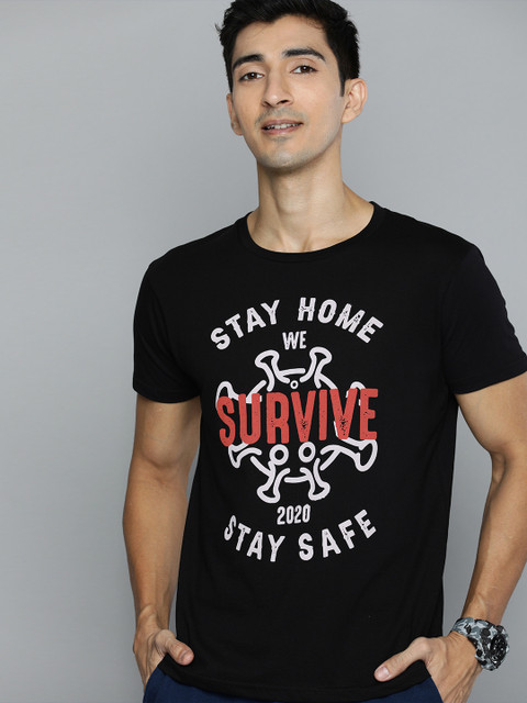 

HERE&NOW Men Black Printed Round Neck T-shirt