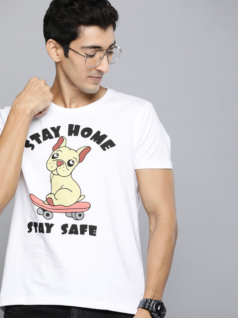 

HERENOW Men White Printed Round Neck Pure Cotton T-shirt