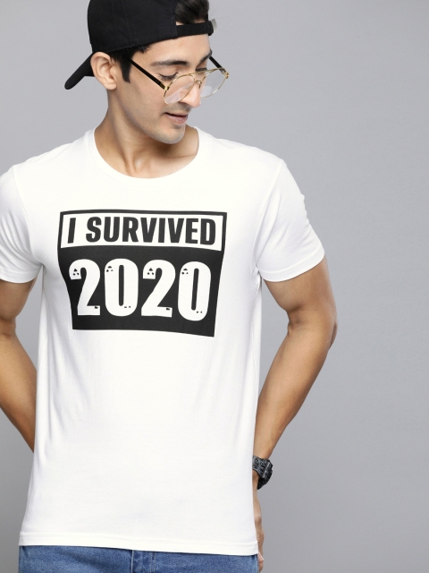 

HERENOW Men White Printed Round Neck Pure Cotton T-shirt