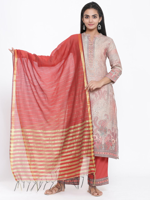 

RANGMAYEE Women Beige & Coral Orange Printed Floral Kurta with Palazzos & Dupatta