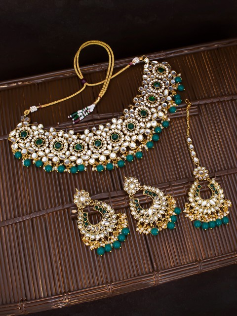 

Sukkhi Gold-Plated White & Blue Kundan-Studded & Pearl Beaded Choker Jewellery Set
