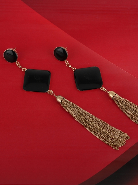 

Carlton London Black Gold-Plated Enamelled Tasselled Geometric Drop Earrings