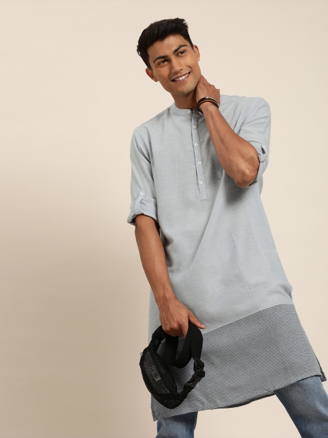 

Taavi Men Blue Woven Legacy Straight Kurta With Roll-Up Sleeves