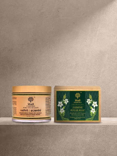 

KHADI ESSENTIALS Set of 2 Argan Oil & Kokum Body Butter & Jasmine Sugar Soap 100 g each, Cream