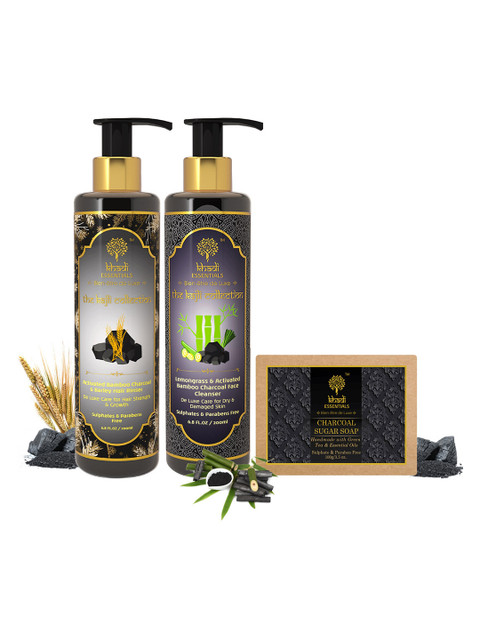 

KHADI ESSENTIALS Unisex Charcoal Barley Hair Rinser, Lemongrass Face Cleanser & Sugar Soap, Black