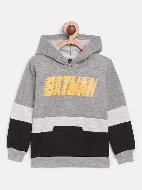 

GAME BEGINS Boys Grey Melange & Black Colourblocked & Batman Logo Print Hooded Sweatshirt