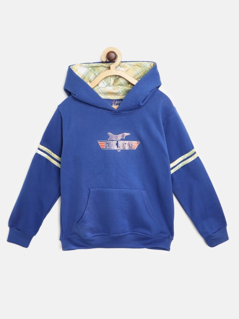 

GAME BEGINS Boys Blue & Yellow Brand Logo Printed Hooded Sweatshirt