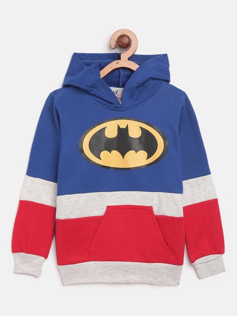 

GAME BEGINS Boys Blue & Red Colourblocked & Batman Logo Print Hooded Sweatshirt