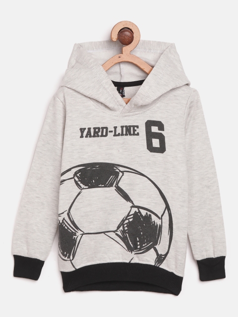 

GAME BEGINS Boys Grey Melange & Black Printed Hooded Sweatshirt