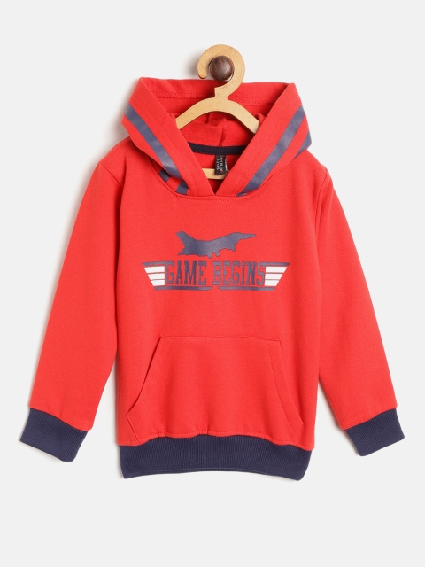 

GAME BEGINS Boys Red & Navy Blue Brand Logo Print Hooded Sweatshirt