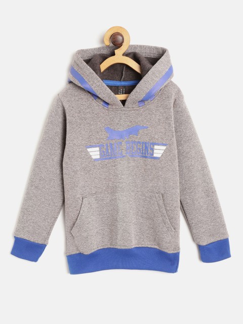 

GAME BEGINS Boys Grey Melange & Blue Brand Logo Print Hooded Sweatshirt