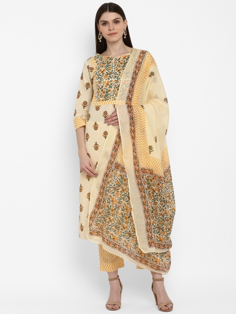 

Vbuyz Women Cream-Coloured & Yellow Printed Kurta with Palazzos & Dupatta