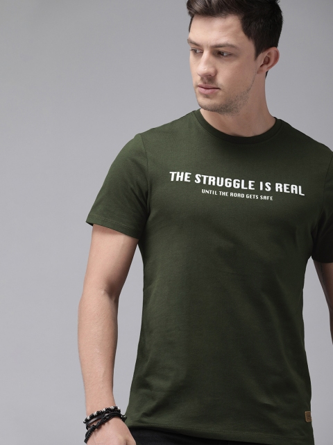 

Roadster Men Olive Green Printed Round Neck T-shirt With Embroidered Detailing