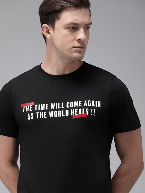 

Roadster Men Black Printed Round Neck Pure Cotton T-shirt
