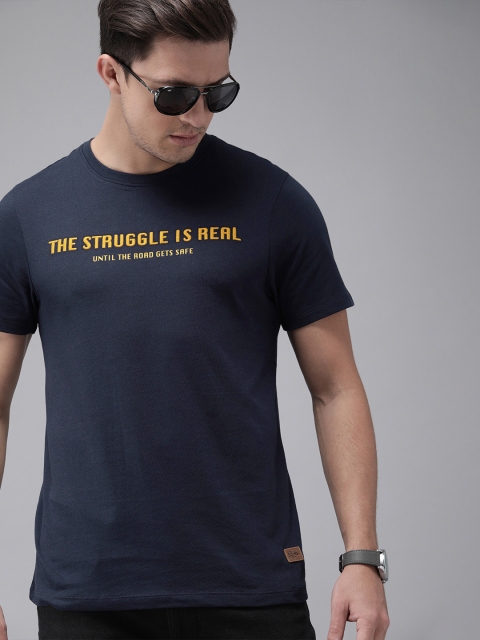 

Roadster Men Navy Blue Printed Round Neck Pure Cotton T-shirt With Embroidery