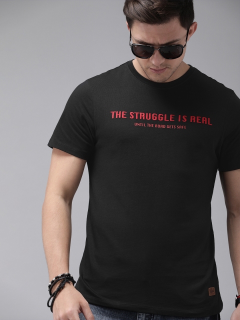 

Roadster Men Black Solid Round Neck T-shirt with Embroidery