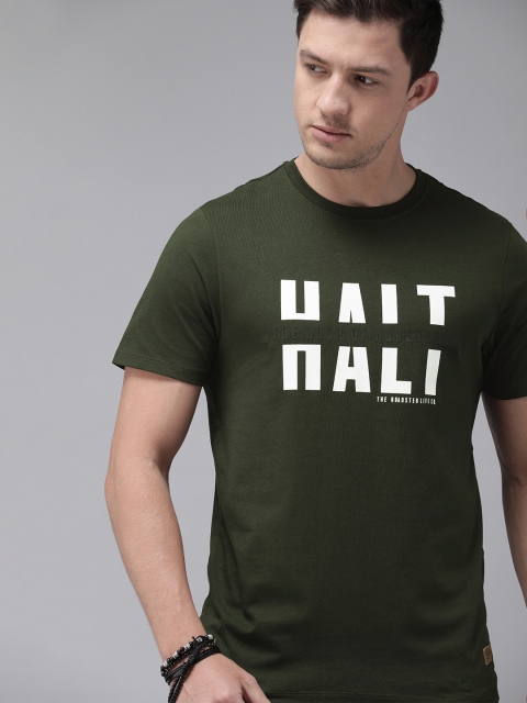 

Roadster Men Olive Green Printed Round Neck T-shirt