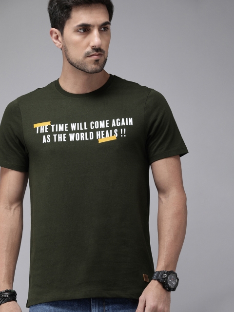 

Roadster Men Olive Green Printed Round Neck T-shirt