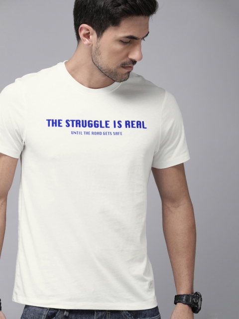 

Roadster Men White Printed Round Neck Pure Cotton T-shirt With Embroidery