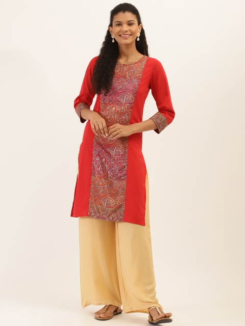 

PIRKO Women Red & Pink Paisley Print Panelled Straight Kurta