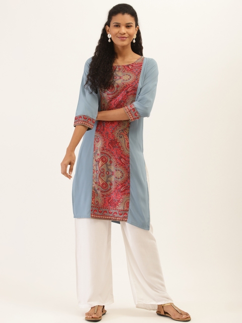 

PIRKO Women Blue & Red Paisley Print Panelled Straight Kurta