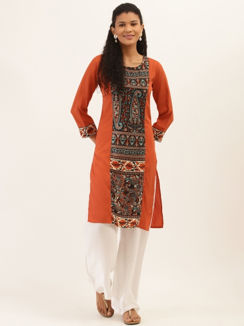

PIRKO Women Rust Orange & Black Ethnic Motifs Print Straight Kurta