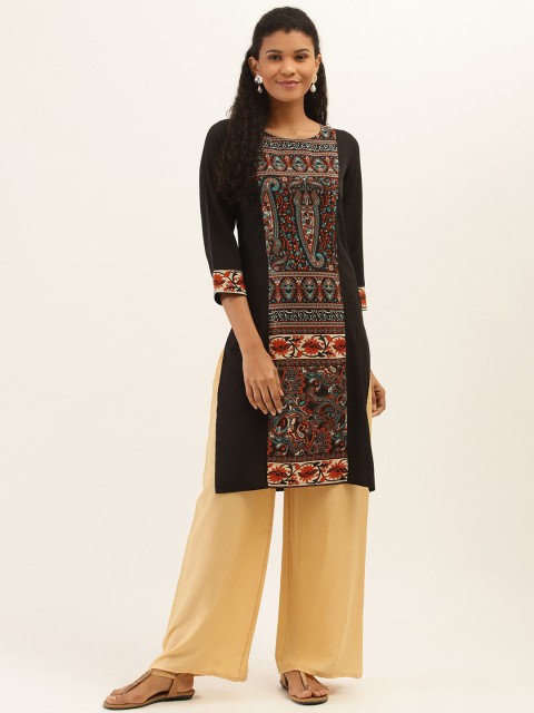 

PIRKO Women Black & Rust Red Ethnic Motifs Print Panelled Straight Kurta