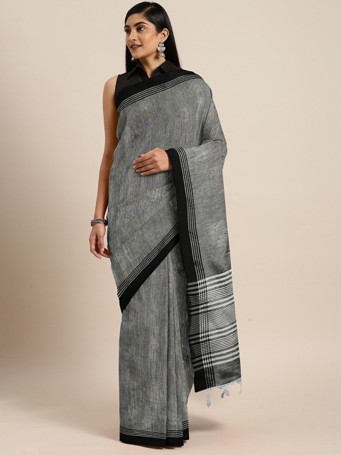 

KALINI Grey & Black Cotton Blend Striped Saree