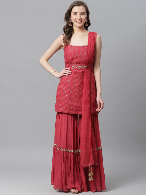 

KHALOM Women Red & Golden Zardozi Embroidered Kurta with Sharara & Dupatta