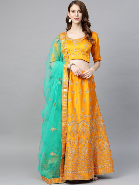 

SHOPGARB Yellow & Green Zari Embroidered Semi-Stitched Lehenga & Blouse with Dupatta