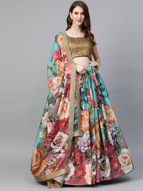 

SHOPGARB Sea Green & Pink Embellished Semi-Stitched Lehenga & Unstitched Blouse with Dupatta