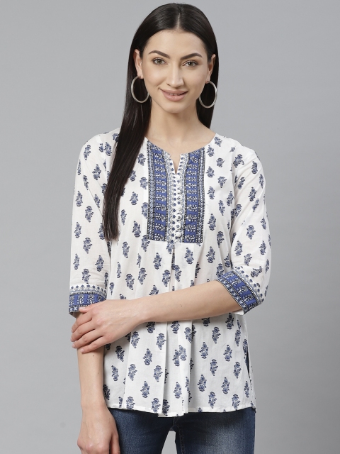 

Rain & Rainbow Women White & Blue Printed Pure Cotton A-Line Kurti