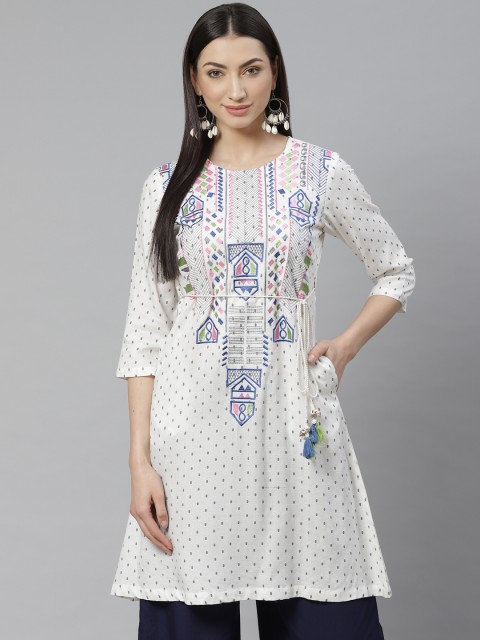 

Rain & Rainbow Women White & Blue Woven Design A-Line Tunic