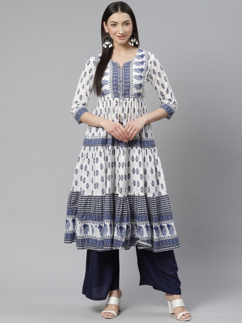 

Rain & Rainbow Women White & Blue Printed Tiered Anarkali Kurta