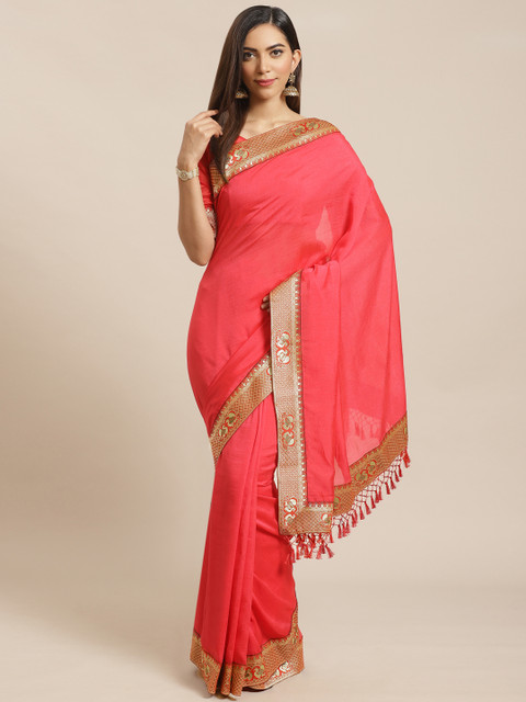 

Saree mall Coral Pink Solid Saree