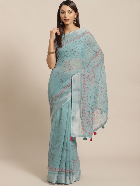 

Saree mall Sea Green & Orange Linen Blend Ethnic Motifs Embroidered Saree